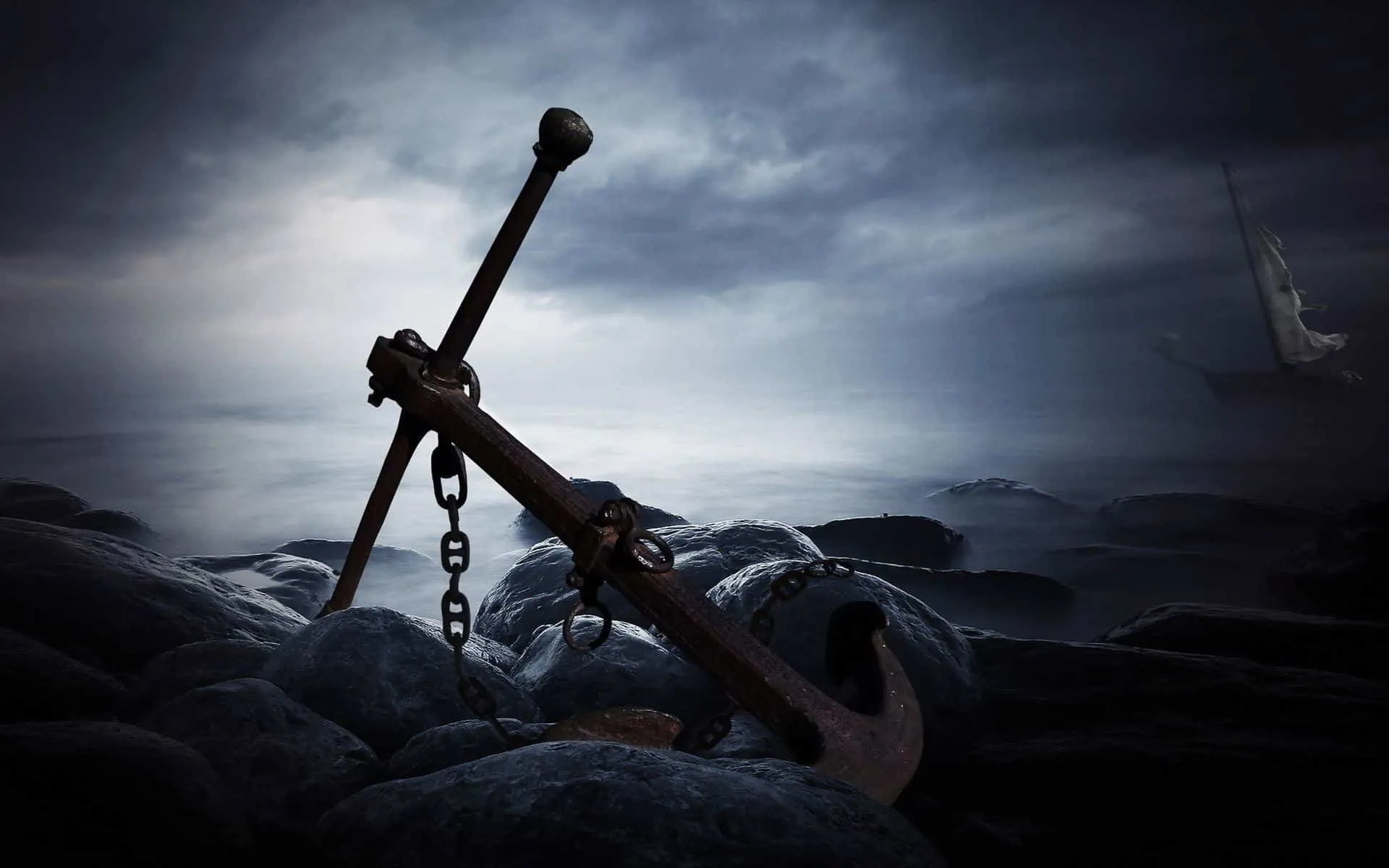 A weathered anchor on a rocky shore beside the sea, used as the lead image on the original Cannon Rocks cannons and anchors page.